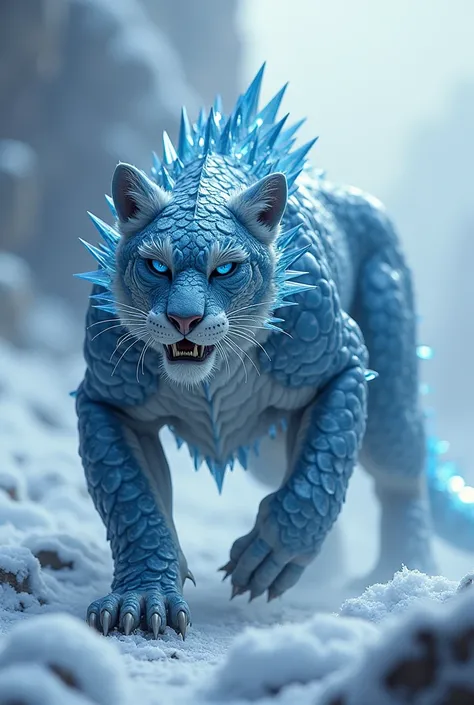 Create a unique, dangerous fighting hybrid fusion AI ratio image using an ice dragon and a jaguar. The hybrid should have the icy breath and scales of a dragon combined with the strength and rosettes of a jaguar. The environment emits a frosty element from...