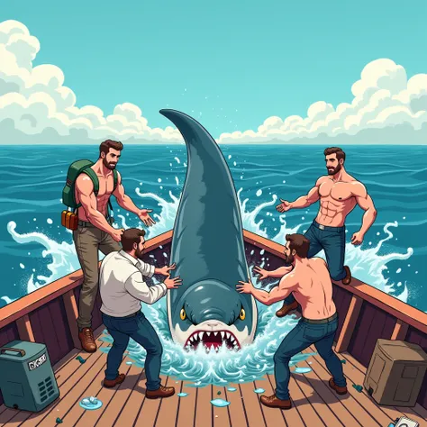 4 cartoon men trying to hold shark on a big boat who is trapped into net in ocean sea.