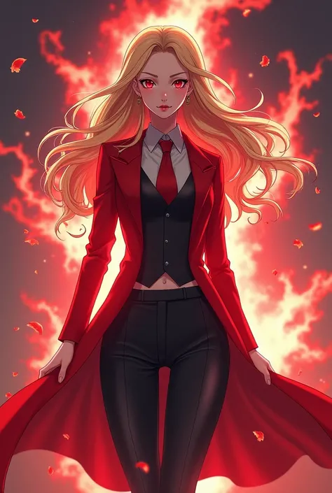  Beautiful girl with long wavy hair,  blond and with red eyes and a scarlet aura surrounding it,  in the style and uniform of my hero Academia , controlling objects with the mind 