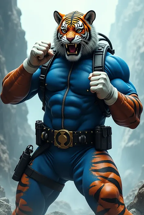 (A rugged beefy very muscular bulky old man), (wearing blue zipper wetsuit), (wearing realistic roaring tiger mask), fighting stance, punching with right fist,  wearing bulky scuba gear, muscular physique, toned muscles, fierce, heroic, action, comic artst...