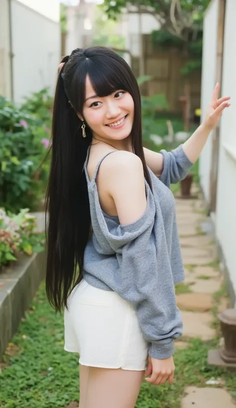 beautiful,  cute Japanese women, 20 years old,  white skin,  Nice body ,  long straight black hair ,  wearing a loose light gray tank top ,  short mini skirt with white pleated hem in thin fabric,  see-through,   earrings showing white shorts underneath  ,...