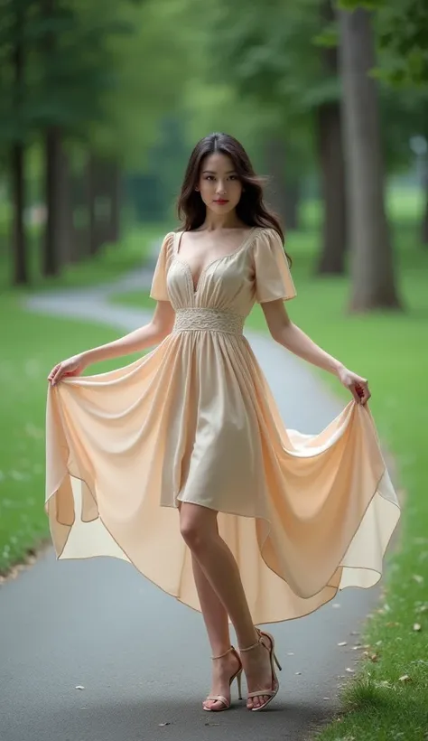 Full body fashion photo of beautiful turkish model wearing knee length dress with flowing skirt & short stylish sleeves and high heels in park road background & posing holding skirt with both hand & showing dress design clearly.