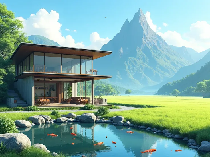 The cafe has a field with a view of the mountains, it does not take the Japanese style as a cafe, but there is a pond for fish. I want to get a shop with glass and half wooden and semi-limestone.