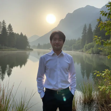 Quiet Lake,  morning glow, fog,  Mountain Reflected on the Water , Gentle breeze, Male Model,  white shirt,  calm expression , In nature, Soft Light, The Wide Sky