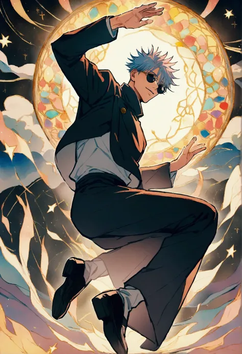 ( 1 boy,Gojo Satoru,Jujutsu Kaisen), BLACK ROUND LENS SUNGLASSES  , artwork、 A dragon shining beautifully in seven colors is dancing in the air。