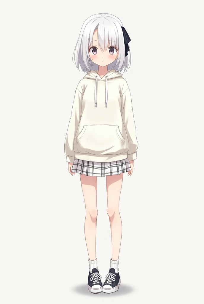 white hoodie with no lettering ,  short white plaid skirt,  standing with a strand of white hair,  hair is white, , Wearing a dark white ribbon , Eyes are dark white, , eyes are small, Short stature, Small hands , My hands are thin,  slim body, and , An an...