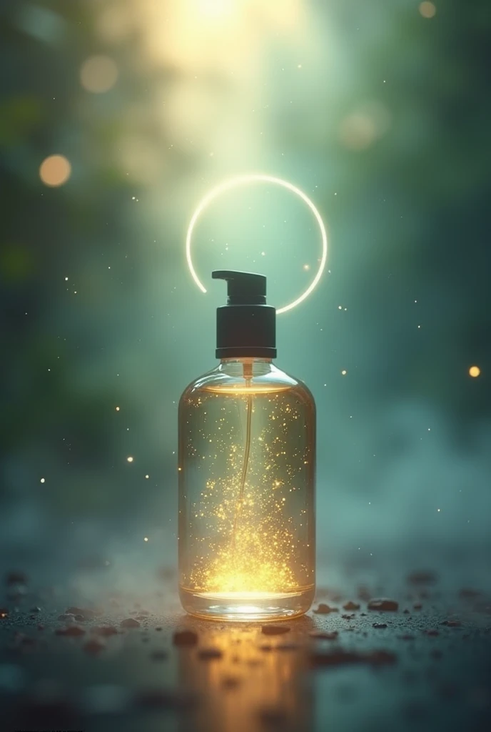  essence bottle placed in the center of the soft light background，There is a faint halo around the 