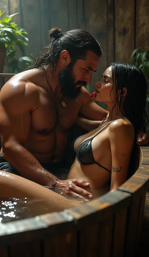 A sensual and erotic scene of A private bathing scene where a Viking warrior sits in a wooden tub, his body glistening with water. A woman draped in a thin, wet transparent bikini sits on the edge, dangling a clove of garlic above his lips, her eyes filled...