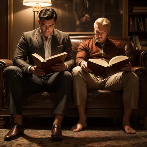 2men in one image, 1MongolianMan 1Englishman,a handsome beefy dark-haired mongolian daddy sitting in an armchair, a male blonde bubble-butt athlete laying on the floor reading a book at daddys feet, detailed ethnic Mongolian and English facial features res...