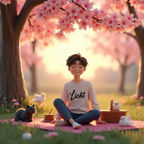 A 3d realistic man, black hair color, theres a picnic basket, sitting under the cherry blossom tree, squint eyes, theres sunset, with a cat and birds, had a name on his shirt "Licht" with a font