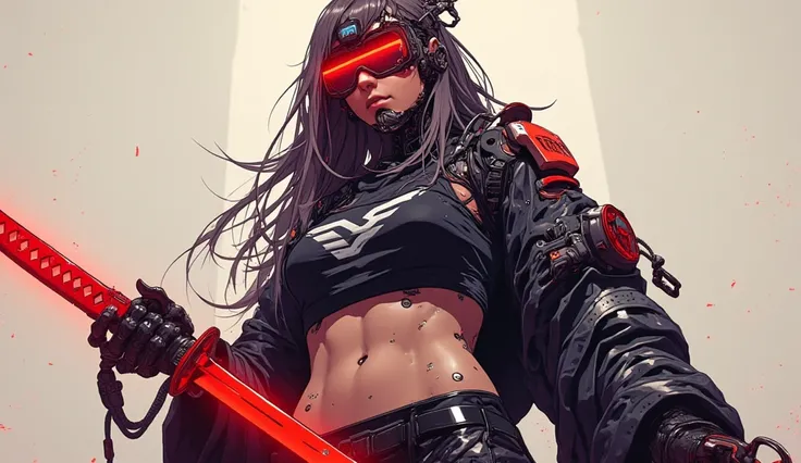 a cyberpunk girl with long hair and wearing digital red glasses and black croped top kimono with cyberweres and armors, She is holding a red cyber katana in her hand, the camera angle is slightly from bellow, 