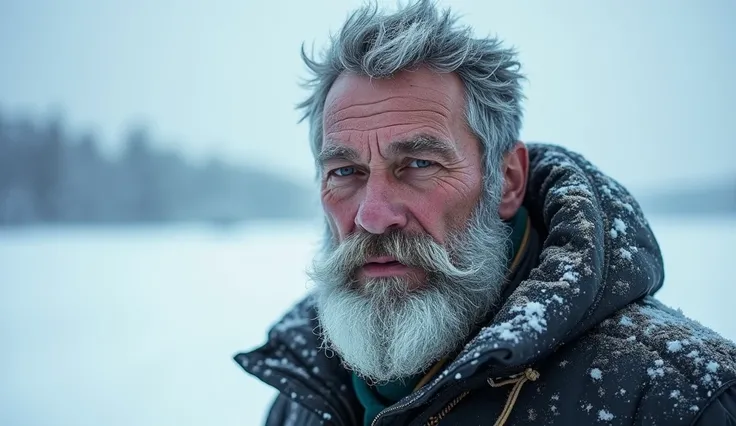 A man stands in the cold in Siberia with his beard frozen in ice