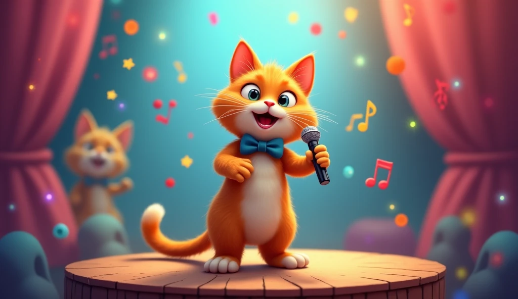 An orange tabby cat standing on its hind legs, wearing a tiny bowtie, and singing into a microphone on a small stage. There are musical notes floating around, and a playful atmosphere with colorful lights and confetti in the background.