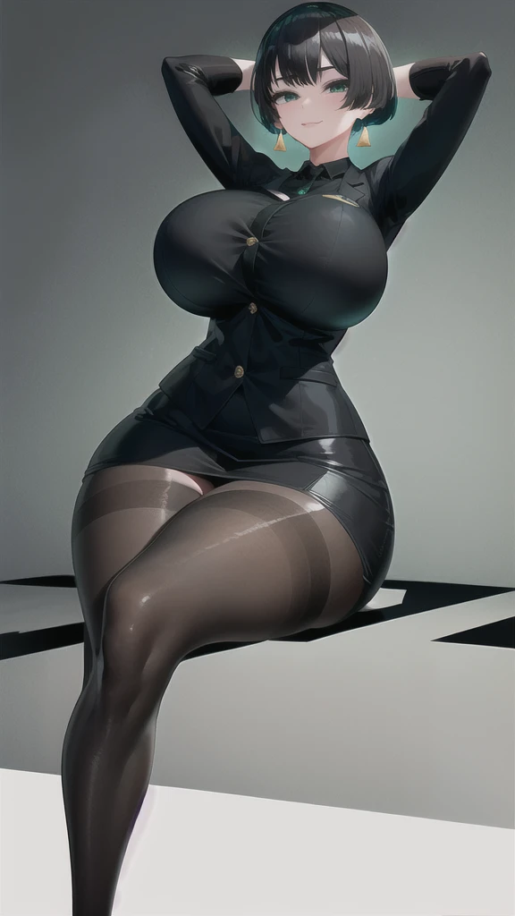 SFW, (Matte texture), sitting down, arms behind head, 1 Secretary to support the viewer, ALLMIND, smug, naughty smile, (black hair), (short bob), earring, (green eyes), (tall and slim), (sensual body), (stocky build), (gigantic huge breasts), (extremely th...