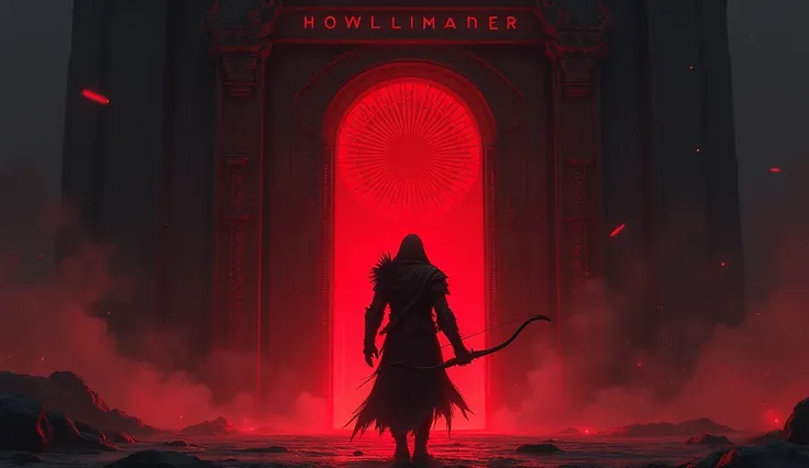 Veer walking towards the massive, intricately carved doors of the black temple. He is gripping his bow tightly, with an arrow ready to draw. The red glow from the temple spills onto the ground, casting ominous shadows on Veer’s determined face."