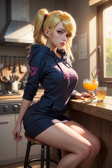 young samus aran is sitting on a bar stool on the kitchen wearing hoodie and home thousers, her face is very tired, there a couple of cocktails on the table