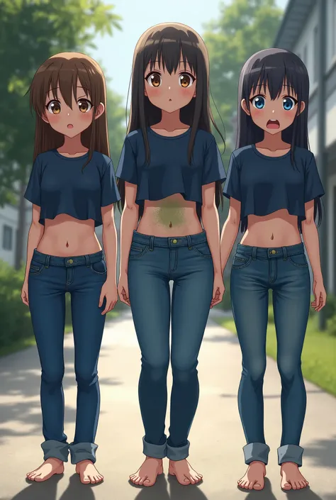 masterpiece， best quality， high resolution），3girls，（（（jeans））），（（whole body）），School，crop top，navy，Mid-abdominal ，barefoot，blush， worry ，open mouth，Outside， （（（（ （Big urine stain ）））））