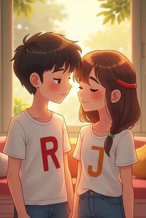 A cute couple
Boy wearing printed "R" t shirt and girl wearing  printed "J" t shirt 
Girl has little birth mark on her left chin. She has little bit big boobs