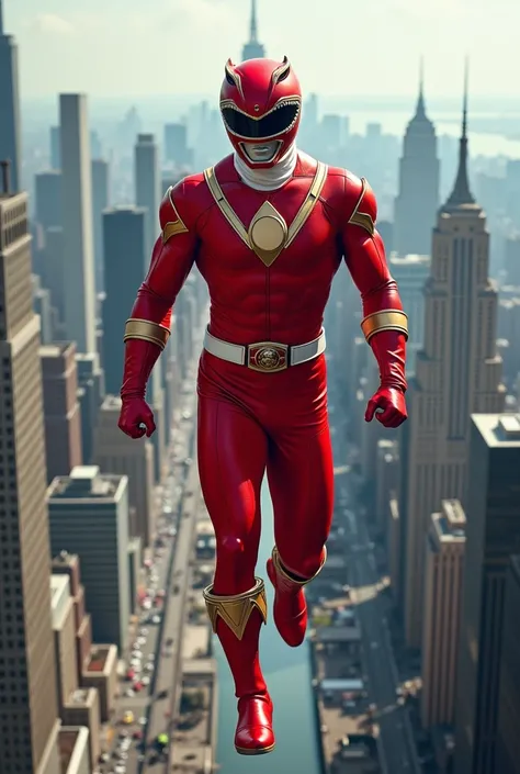 Elon Musk con el uniforme del mighty morphin power ranger rojo sin el casco, volando por la ciudad