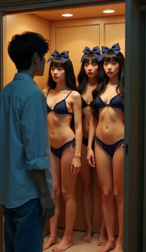 An informally dressed man enters his bedroom       ,    She opens her large wardrobe and is surprised to see that there are four beautiful women with straight black bangs and a French navy blue thong from the American Eagle brand with a navy blue ribbon as...