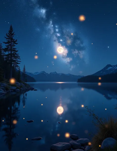 ((((masterpiece, Best Quality, High resolution)))), extremely detailed 8K, The sky sparkles, night, Little Fireflies little fly fly, Beautiful views, (Tranquil Lake:1.5), (Crater Lake, Oregon:1.3), The moon and stars are reflected on the smooth surface of ...