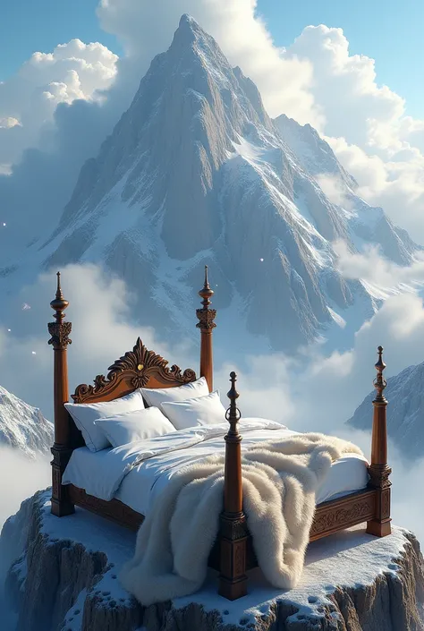 Create realistic bed on top of a mountain with clouds around 