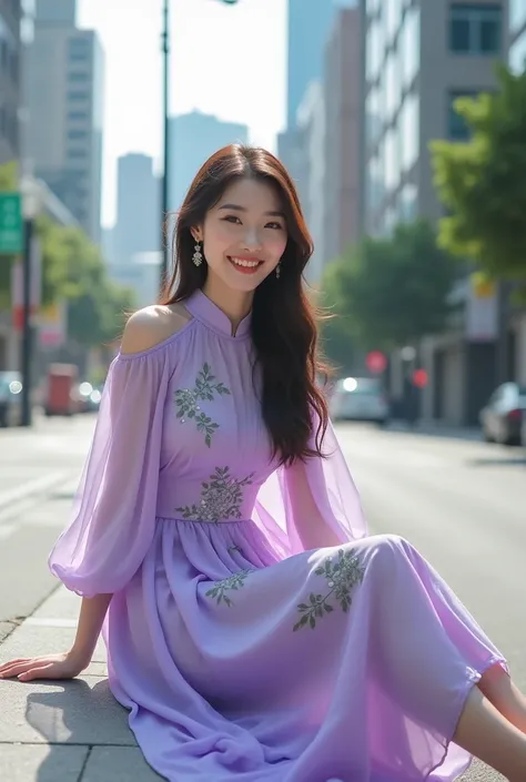  Beautiful Korean woman wearing purple dress with green flower spots short boots, sitting on the sidewalk facing the front of the camera soft and cute smile ,cool and tidy city background .ultra HD,Realist.