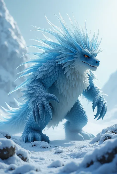 Create a unique, dangerous fighting hybrid fusion AI ratio image using an ice dragon and a porcupine. The hybrid should have the icy breath and scales of a dragon combined with the quills and defense mechanisms of a porcupine. The environment emits a frost...