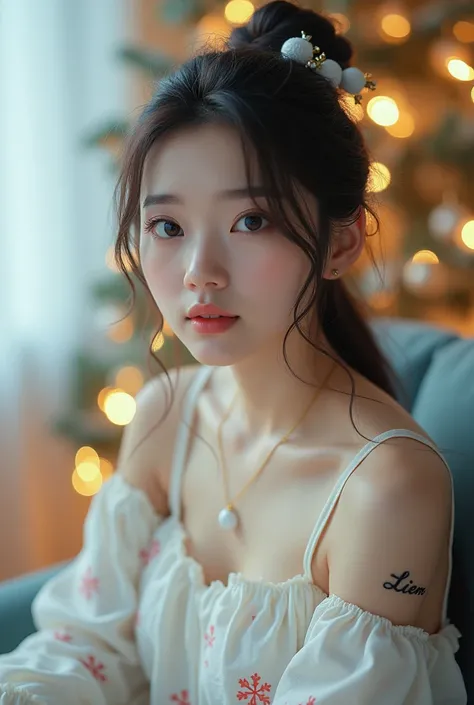 photorealism: 1.2), beautiful woman, Korean woman,sitting in the living room, snowy atmosphere, beautiful eyes, beautiful thick eyebrows, small sharp nose, sweet pink lips, wearing a simple white Christmas dress with designs snow, wearing a Christmas decor...