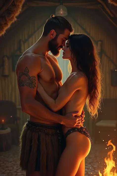 A heated embrace in a Viking hut. The man, bare-chested with a leather belt slung low on his hips, holds a garlic clove in one hand. The woman without cloths , pulls him closer, their faces inches apart, lost in the tension of the moment."