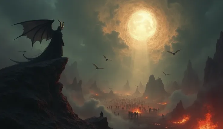 Satan standing on a high rock looking down on hell and all of the demons in it, small hole in the dark sky where the light from heaven peeks through, god rays, satan, bat wings, hundreds of demons flying in the distance, monsters on the ground, giants walk...