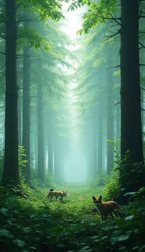 Fog in the Forest: An image with a light mist covering the floor of a dense forest at dawn. The trees are tall and sturdy, with green canopies that blend into the fog, and there are little details of wildlife, like a bird on a branch and a fox peeking thro...