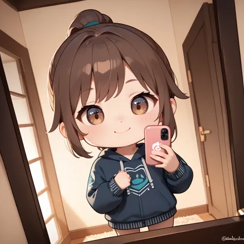 (1 chibi girl, solo:1.2), pov, cute, big droopy eyes, long straight hair, brown hair, ponytail,
indoors, holding mirror, selfie,
dynamic angle, dynamic lights, patel, (masterpiece, best quality, hyper detailed:1.2),