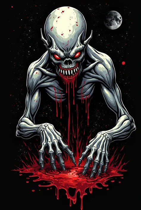 /imagine prompt: cosmic horror illustration for a sticker with a black background, in bold outline style, jagged edges, bloody gore , light shading --v 5.2