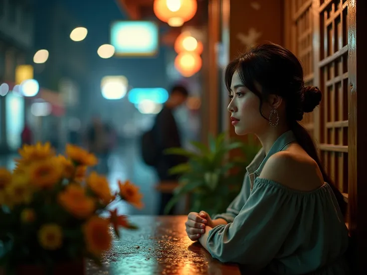 A cinematic-style scene showing two different spaces seamlessly blended into the same frame. The foreground is a late night street. A charming oriental young woman is sitting in a quiet coffee shop by the window. The foreground of the dimly lit coffee shop...