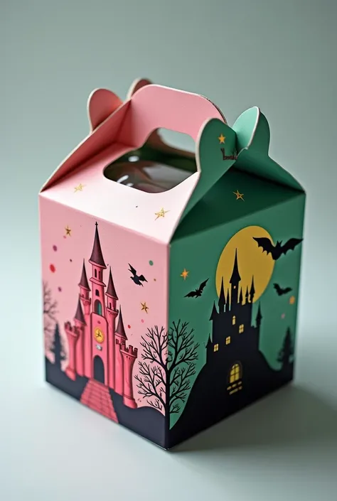 I want u to make a cupcake packaging box with a magical theme. The packaging is going to be a box, on the top of the box got a rectangular whole which we put a transparent plastic. Firstly u paint half of the box pink and the another half green. On the top...