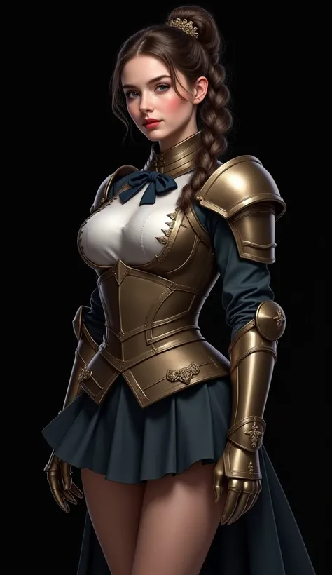  (masterpiece), semi-realistic artstyle, 18-year-old girl in a school uniform with elements of medieval armor, ((large breast)), (Audrey Hepburns face) ,(black background), (realistic shading), (body from head to mid thigh)