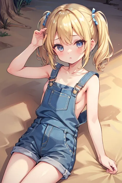 cute girl, Girl lying down in the desert, Her hair is short, blonde hair, twin tails, overalls, shirtless, barefoot.