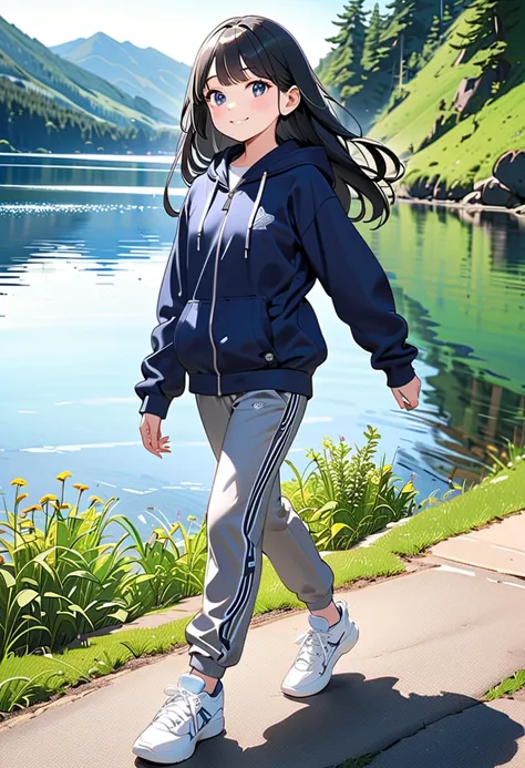 (masterpiece, best quality:1.1),vibrant, pop,
snapshot of girl taking a walk,cute girl,beautiful detailed face,tween,shiny smile,black long hair,wearing navyblue full-zip hoodie, gray ultra-stretch jogger pants, navyblue-sneakers,white shoelaces,beautiful ...