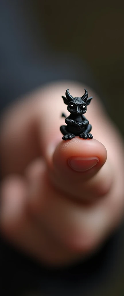 Close-up of a hand with a small black devil sitting on the thumb. 