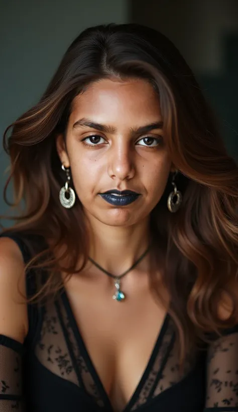 a woman posing for a photo shoot. Capturing the essence of her allure, the woman with flowing brown hair, adorned by a delicate necklace and stylish earrings, smiled as she gazed confidently into the camera lens, effortlessly drawing in viewers eyes. jazmi...