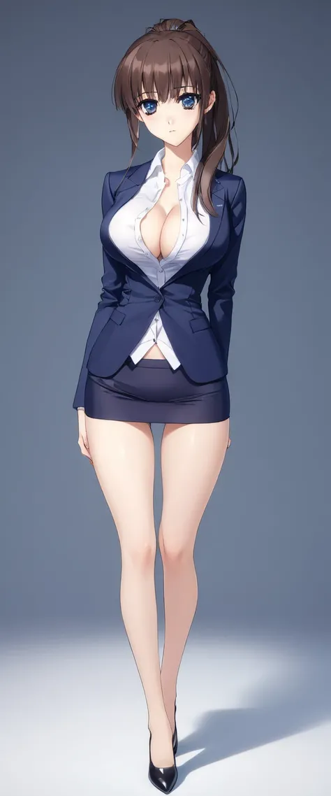 Megumi Kato,  1 girl, Alone, bangs,  brown hair, (((Female lawyer, ( formal suit micro mini skirt that shows only a little bit of crotch,   Micro Mini Pencil Skirt),  white shirt,   Navy Blue Jacket,Big Breasts、 cleavage、Thin legs、 I can see my white panti...