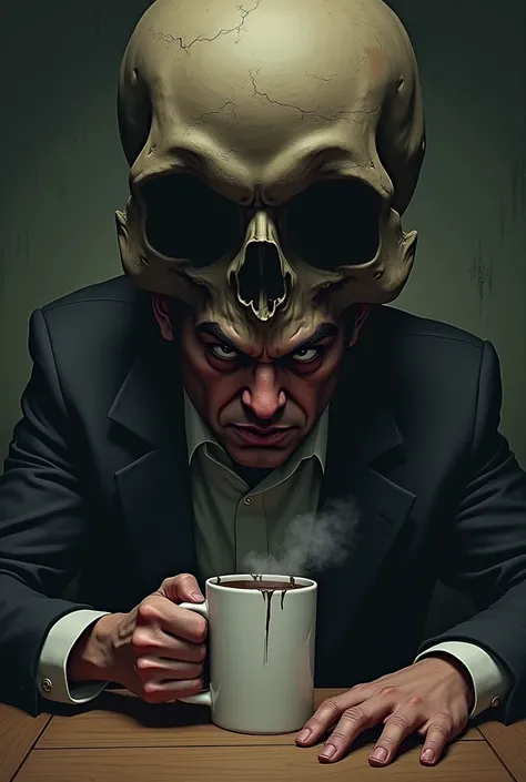 Create an image representing the saying “touch my coffee and I will drink it from your skull” 