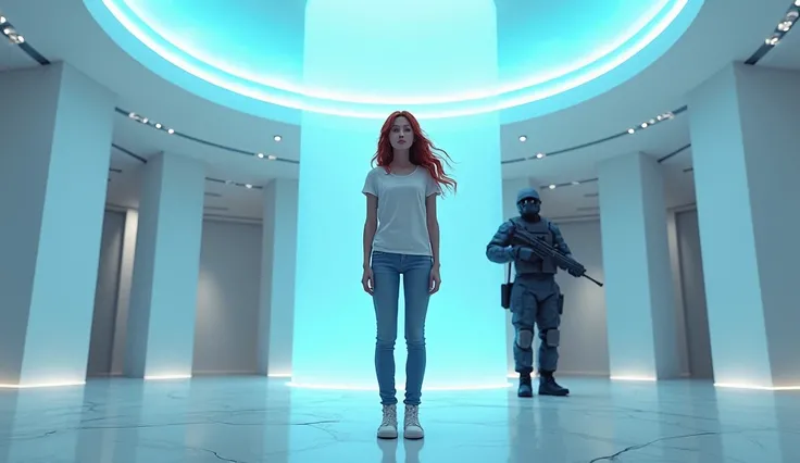  a white round hall with columns, a red-haired girl with long hair in a T-shirt and jeans, a modern soldier in a gas mask in a helmet is standing nearby, with a weapon in his hands looking up at the blue lights