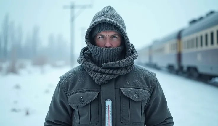 A man stands in the cold in Siberia, his face covered by a sweater, with a Siberian train in the background and a thermometer frozen in ice on one side, the man looks straight ahead.