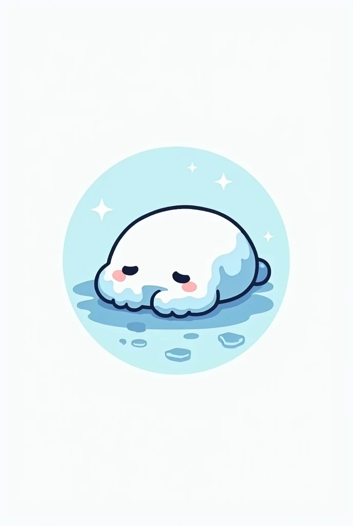 A minimalistic, anime-style logo featuring a sleepy ice character, inspired by snow and ice elements. The ice character has a tired, relaxed expression with dark under-eye circles, reflecting exhaustion. Its body should be made of simple, geometric ice blo...