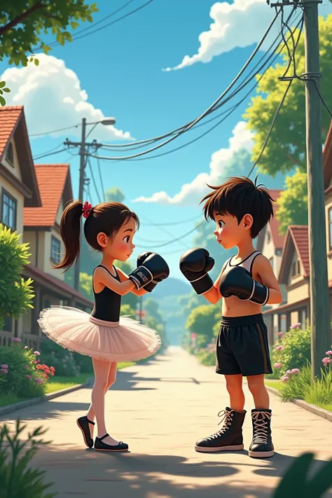 Make a neighborhood with houses, on the right a boy with boxing gloves and black shorts and on the left a girl in ballet clothes of ballet