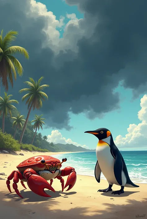 crab and penguin, in one frame, in a beach area and there are thunderclouds