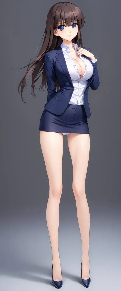 Megumi Kato,  1 girl, Alone, bangs,  brown hair, (((Female lawyer, ( formal suit micro mini skirt that shows only a little bit of crotch,   Micro Mini Pencil Skirt),  white shirt,   Navy Blue Jacket,Big Breasts、 cleavage、Thin legs、 I can see my white panti...