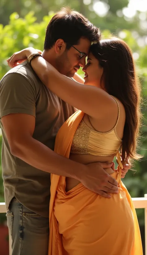 man in shirt hug sexy realistic indian bhabhi aunt in silk saree, big boobs showing clevage bloosom OUTSIDE in balcony , bright light , lustfull photo